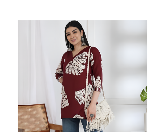 Floral Print V Neck Rayon Straight Top