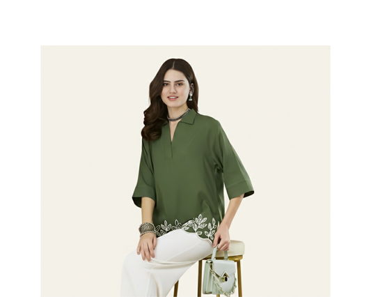 Green Embroidered Cotton Top