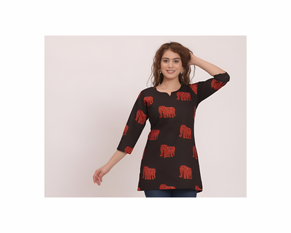 Elephant Print Black Kurti