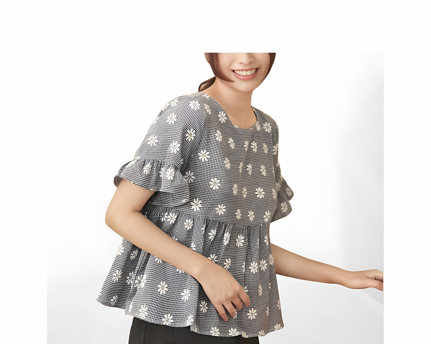 Casual Polyester Blend Round Neck Short Sleeves Ruffled Printed Gray Top (21"Inches)