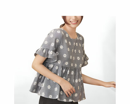 Casual Polyester Blend Round Neck Short Sleeves Ruffled Printed Gray Top (21"Inches)