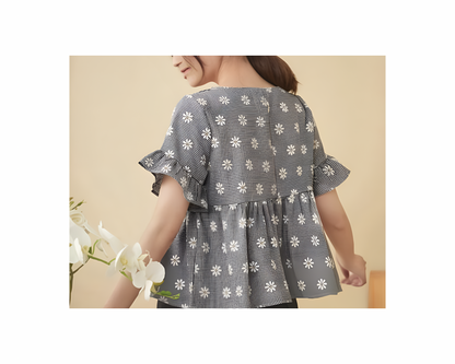 Casual Polyester Blend Round Neck Short Sleeves Ruffled Printed Gray Top (21"Inches)